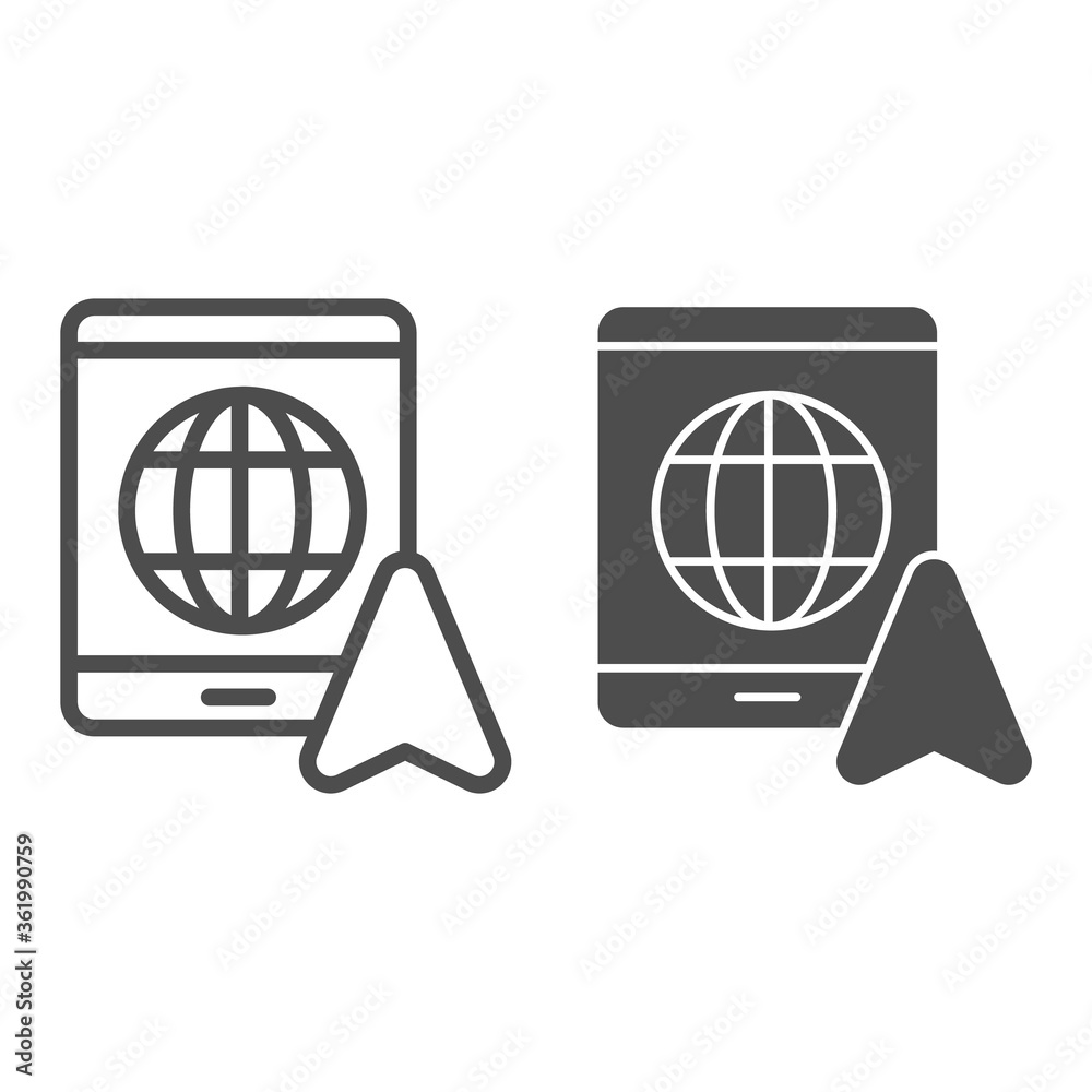 Poster tablet with globe and navigation pointer line and solid icon, navigation concept, gps navigator sign