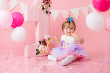 Obraz na płótnie Canvas Smash cake party. Little cheerful birthday girl with first cake. Happy infant baby celebrating his first birthday. Decoration and photo zone for first year. One year baby celebration. Pink decor.