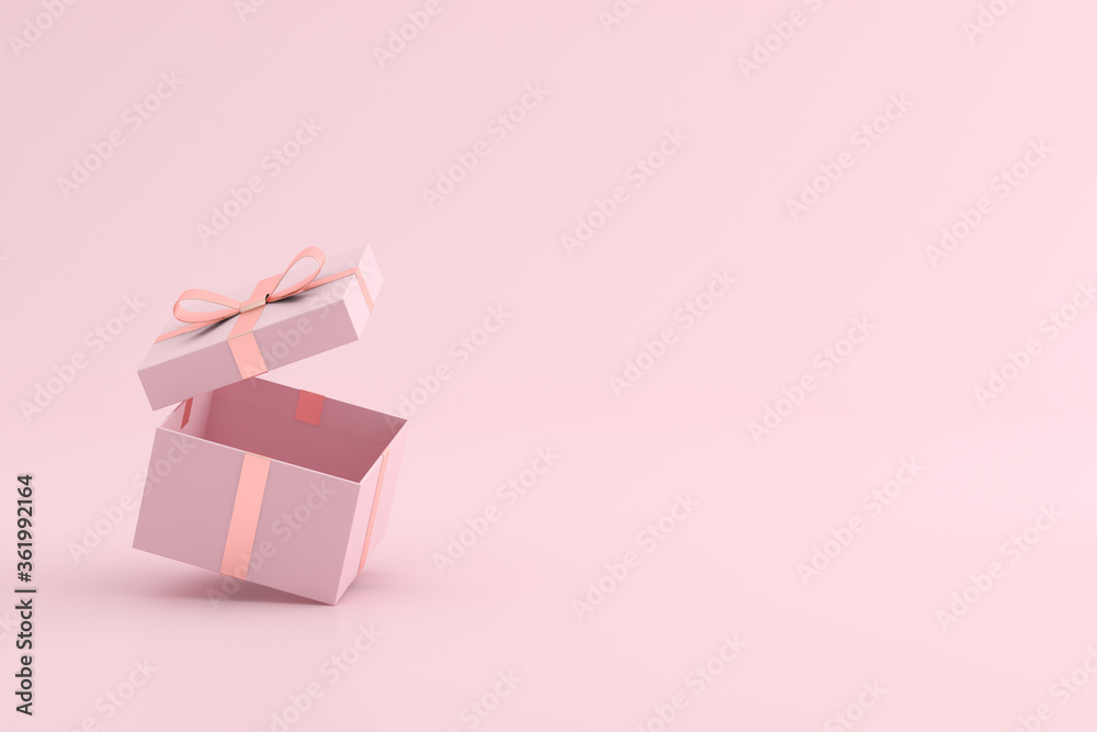 Poster mock up of open gift box on pink background. 3d rendering.