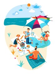 Happy vector friend rest during picnic on beach