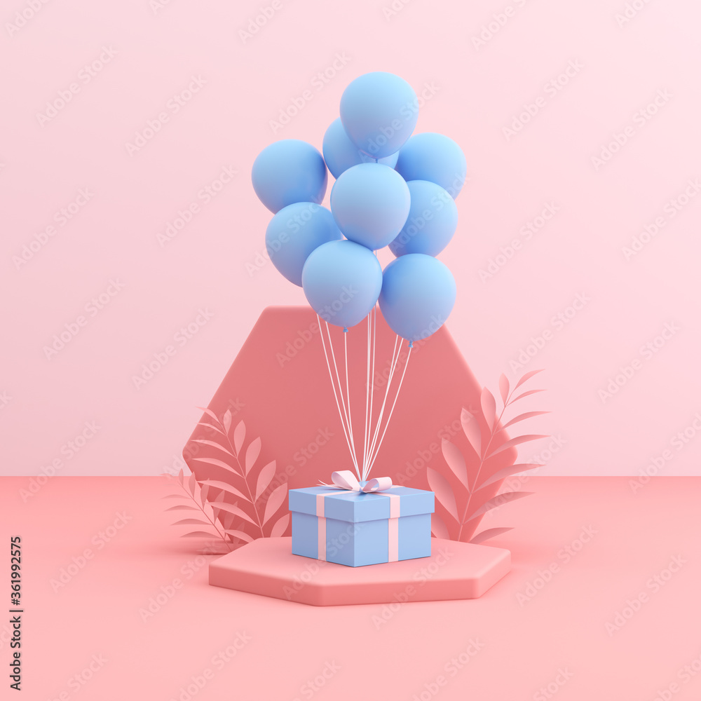 Poster Mock up of gift box and balloons in minimal style. 3D rendering.	
