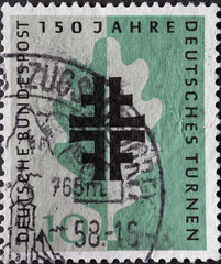 GERMANY - CIRCA 1958: a postage stamp printed in Germany showing an oak leaf with gymnast symbol and text: 150 years of German gymnastics