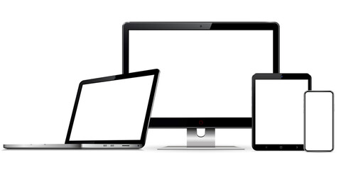 Devices mockup. Set of computer monitor, laptop, mobile phone and tablet pc isolated on white background.