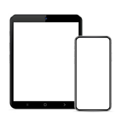 Modern devices mockups with blank screens. Tablet computer and smartphone. Vector illustration