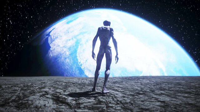 Alien on the moon. Ufo concept. 3d rendering.