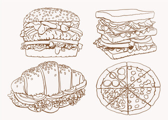 Hand-drawn vintage set of fast food elements, sepia background,vector illustration