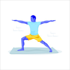 Young man in yoga pose on floor. Spiritual practice, yoga and breathing exercise. Flat cartoon vector illustration.