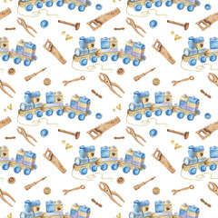 Watercolor Kids Toys Digital Paper, Wooden Toys Seamless Pattern, Baby Scrapbook Paper, Nursery Print, Plush Animal And Transport Pattern.