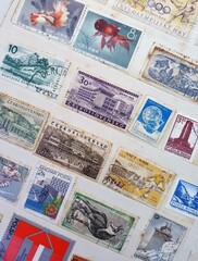 Fototapeta na wymiar many old stamps on a philately catalog page