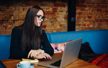 Professional brunette female copywriter working on marketing project in cafe interior with wifi...