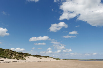 Fototapeta na wymiar Sunny beach with blue sky and white clouds