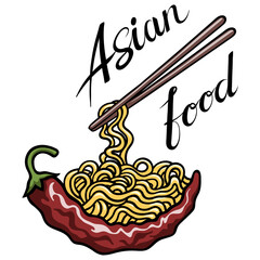 Asian Oriental spicy food. Red hot pepper noodles and chopsticks. Cartoon style. Sign logo of spicy food. Vector illustration isolate on white