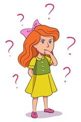Cute girl thinking, question marks sign above head