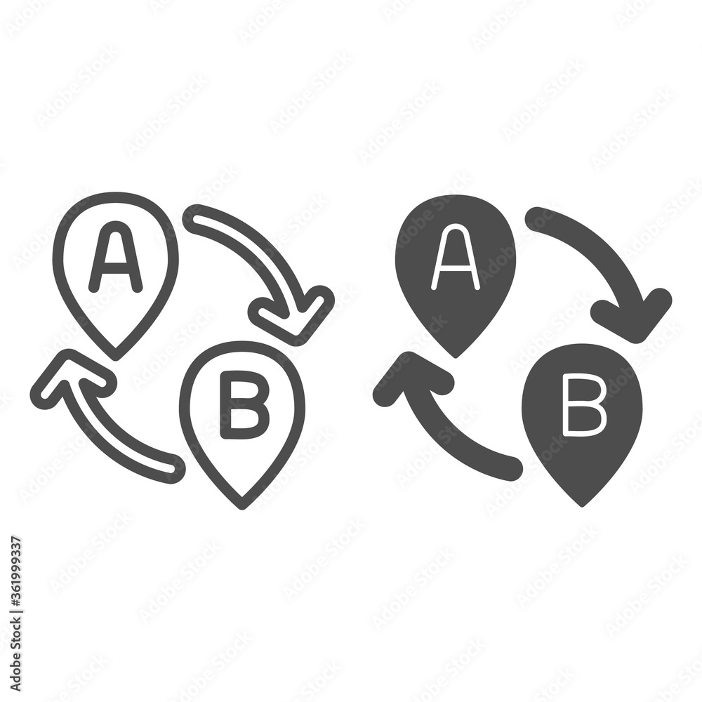 Poster from point a to point b line and solid icon, navigation concept, two pointers with arrows sign on wh