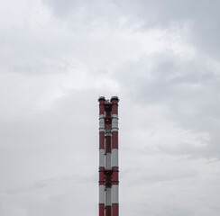 Red Striped Industrial Factory Pipe Tube Chimney. Ecology Pollution City Sky. 