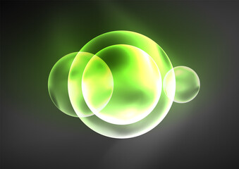 Glowing neon shiny transparent bubbles, glass circles or bio cell concept. Techno futuristic vector abstract background For Wallpaper, Banner, Background, Card, Book Illustration, landing page