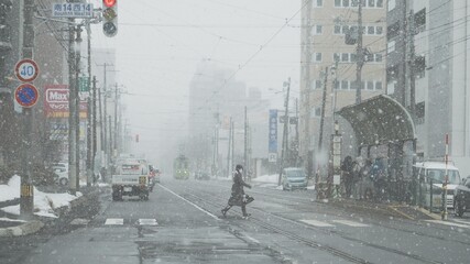 雪が降っている歩道