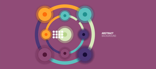 Flat style geometric abstract background, round dots or circle connections on color background. Technology network concept.