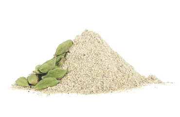 Pile of cardamom powder and pods isolated on a white background. Spice green cardamom.