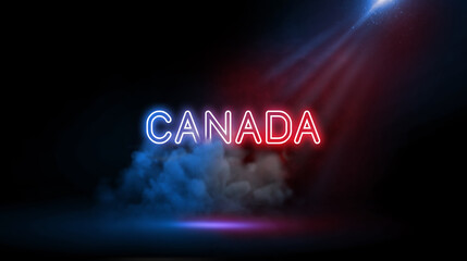 CANADA | Country name in neon light effect, Studio room environment with smoke and spotlight.