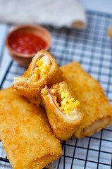 risoles sosis mayo or mayonnaise sausage risoles is a small patty rolled in breadcrumbs. it is filled with mayonnaise, boiled egg and sausage.