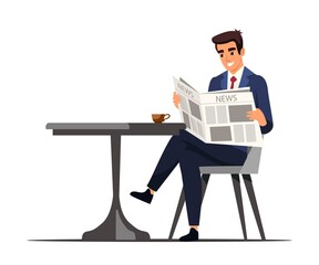 Businessman drink coffee cafe during work break. Vector man company employee character sitting at table reading daily newspaper enjoying hot aroma beverage. Relaxation and refreshment.