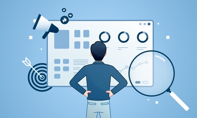man looking SEO data analytics optimize dashboard monitor illustration