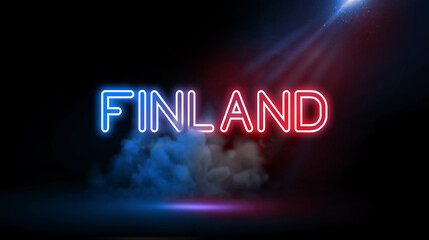 Finland is a Northern European nation bordering Sweden, Norway and Russia | Country name in neon light effect, Studio room environment with smoke and spotlight.