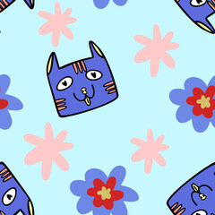 Seamless pattern of cats faces with different emotions. Blue background. Vector illustration in Doodle style.