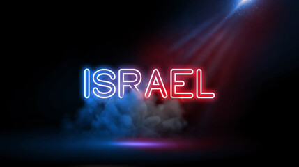 ISRAEL | Name in neon light effect, Studio room environment with smoke and spotlight.