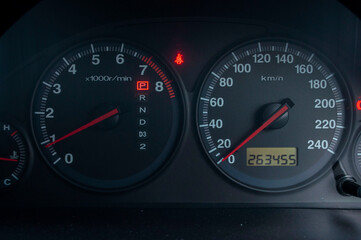 Black speedometer from a close-up car and symbol inside the screen