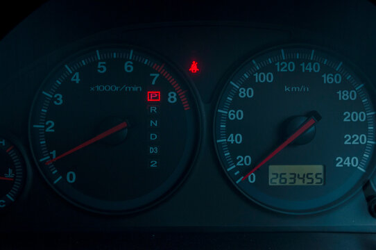 Black speedometer from a close-up car and symbol inside the screen
