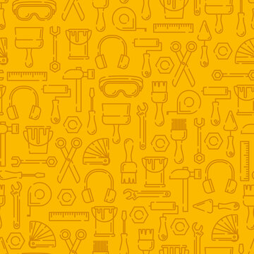 Seamless pattern with working tools for home repair, building, construction, renovation. Vector outline icons. Different industrial equipment. Bright yellow color.