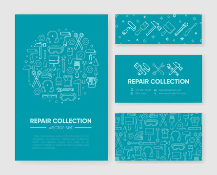 Set of templates with working tools for home repair, building, construction, renovation. Design element, outline set, icons of industrial equipment. Vector illustration. Bright turquoise color.