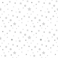Seamless cute pattern with little different black stars, dots and circles on white background.