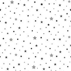 Seamless cute pattern with little different black stars, dots and circles on white background.