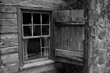 Window in Log Cabin in Black and White