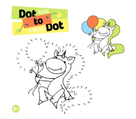 Connect the dots and color. Cute unicorn. Cartoon vector Illustration of educational game.