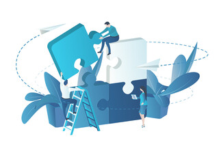 Business Team at Work. Raster image in flat 3d style. Team Metaphor. People Connecting Puzzle Elements. Success in teamwork. Symbol of cooperation, partnership. Illustration for Landing Page.