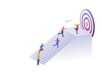 People run to their goal up the stairs. Raster image in flat 3d style. Competition and Achieving Success at Work. Move up Motivation, the Path to the Target's Achievement. Template for website
