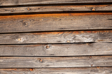Wallpaper in the form of a wooden wall on the house. The wall is made next to the piles of pine wood. Copy Space. Wooden. Sun.