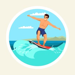 Obraz na płótnie Canvas Male surfer cartoon vector color illustration