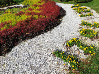Decoration of a public park with flowers, colorful bushes and a shingle path. Garden design.