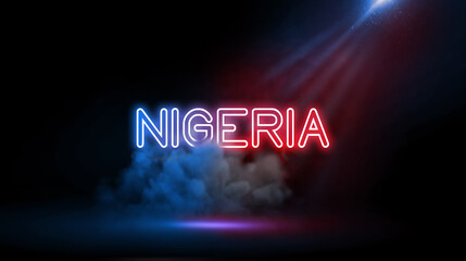 Nigeria, an African country on the Gulf of Guinea, has many natural landmarks and wildlife reserves. Neon light in Wall of Studio Room with Spotlight and Smoke.