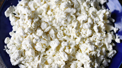 Selective focus. Freshly grained cottage cheese in a blue plate. Dairy products.