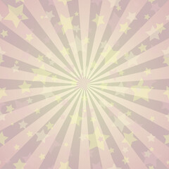 Sunlight rays background. Violet and yellow color burst background with shining stars. Vector illustration.