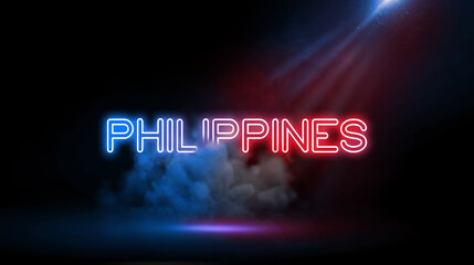 Republic of the Philippines, is an archipelagic country in Southeast Asia | Country name in neon light effect, Studio room environment with smoke and spotlight.
