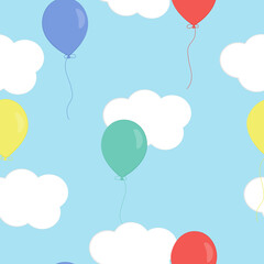 Fototapeta na wymiar Vector seamless pattern with clouds and balloons on blue background. For fabric, textile, linen, wallpaper, gift and wrapping paper, greeting card, children's holiday and party invitations, pajamas.