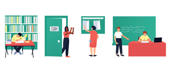  Seth to illustrate schooling. A teenager is reading in a library. The girl passed the exam. The guy answers at the blackboard. A girl looks through the results of an exam. Flat vector illustration.