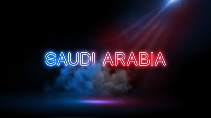 Saudi Arabia, officially the Kingdom of Saudi Arabia, is a country in Western Asia constituting the bulk of the Arabian Peninsula. Country name in Studio room with Neon lights.